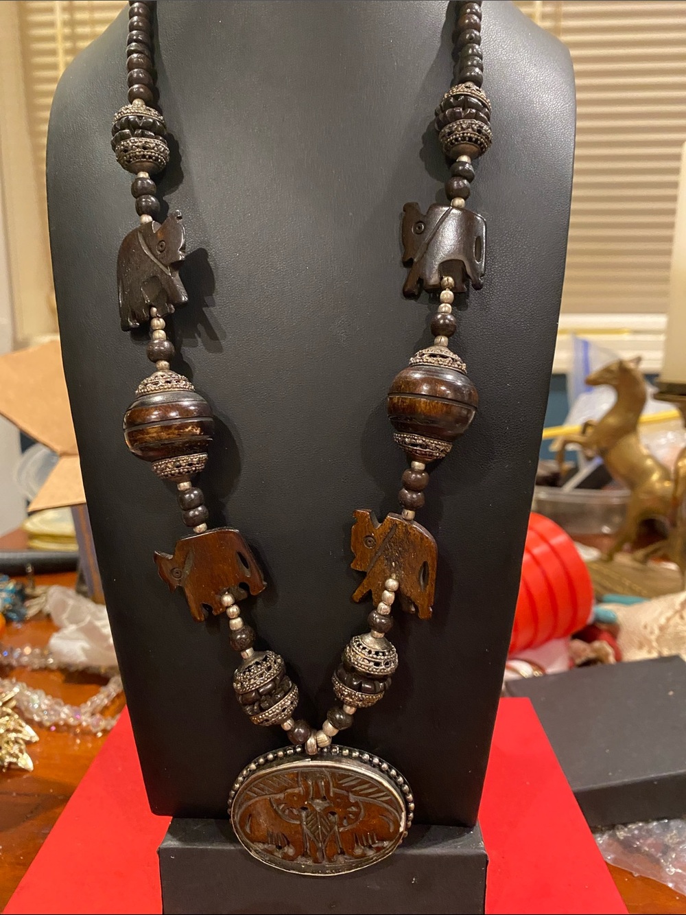 Handcrafted Elephant  Pendant Necklace - Brown.  Small elephants are bone.